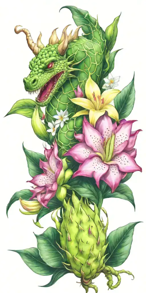 dragonfruit growing on green vine with green dragon head and white plumeria flowers tattoo design idea
