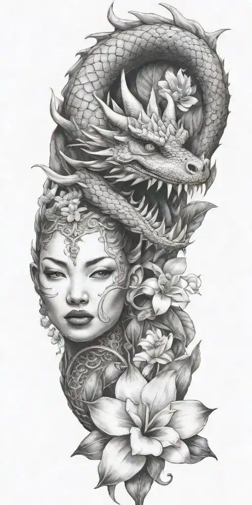dragon head winding with dragonfruit plant and plumeria flower tattoo design idea