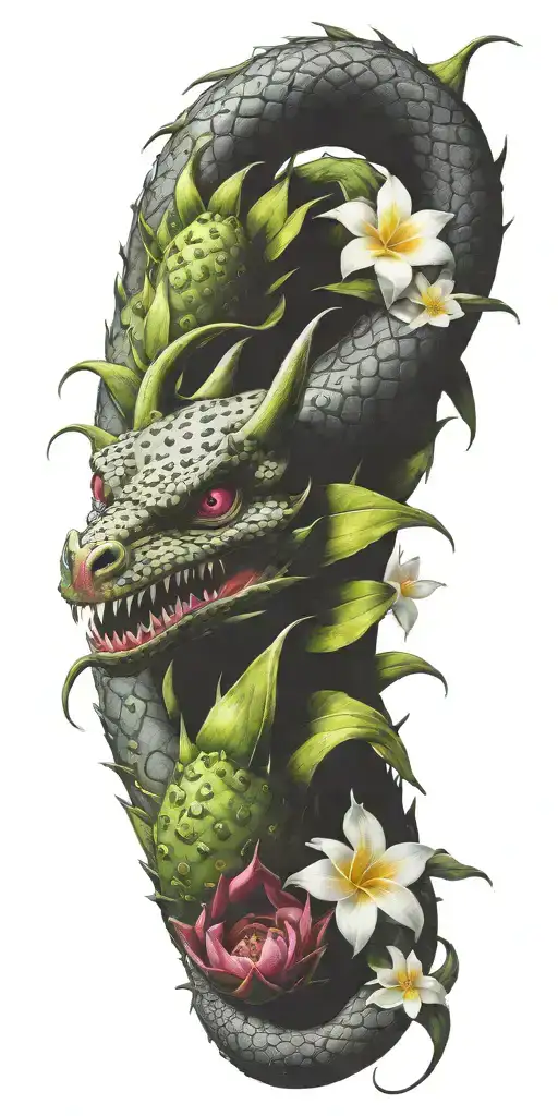 dragonfruit with winding dragon and plumeria  tattoo design idea