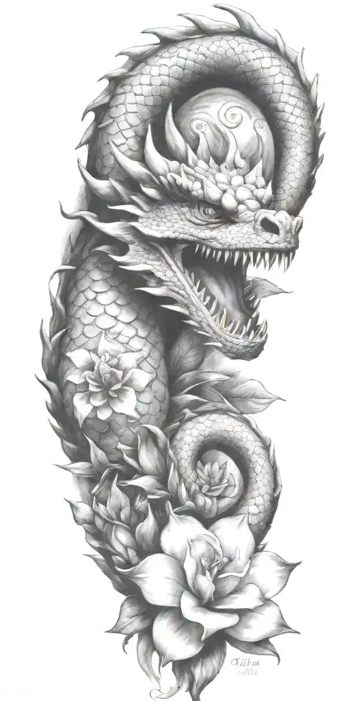 dragon head winding with dragonfruit and plumeria tattoo design idea