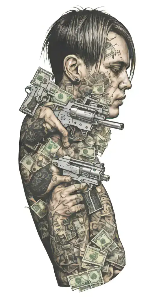 blink182 with guns money drugs tattoo design idea