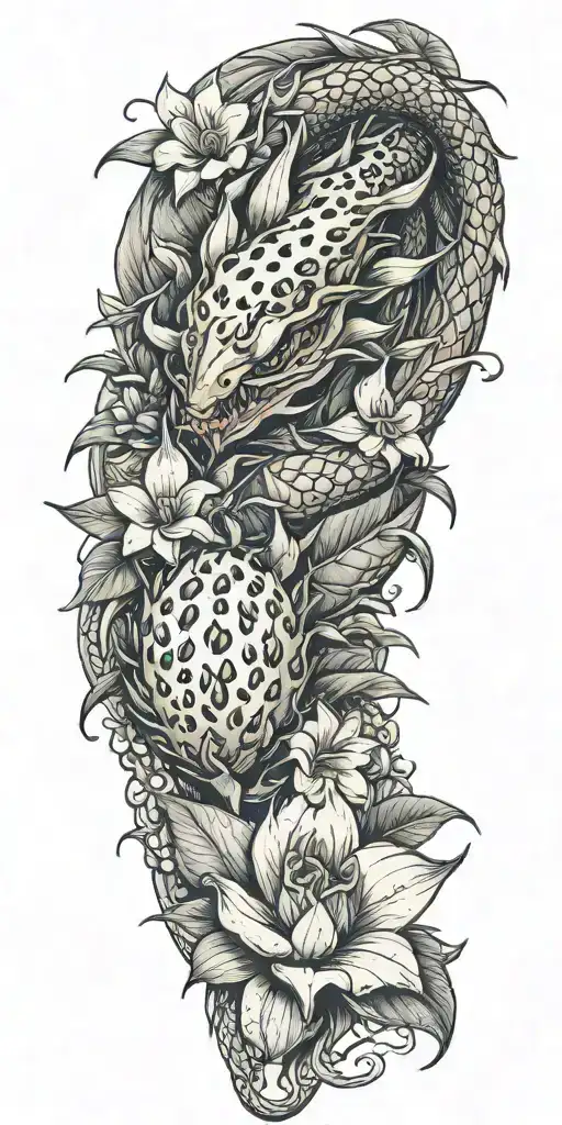 dragonfruit with winding dragon and plumeria  tattoo design idea