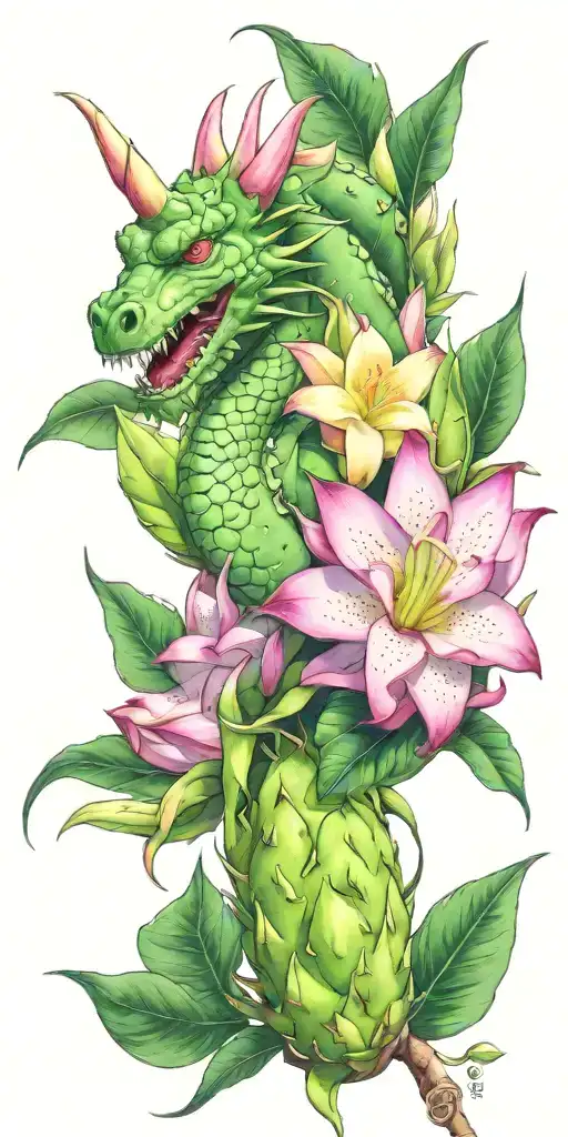 dragonfruit growing on green vine with green dragon head and white plumeria flowers tattoo design idea