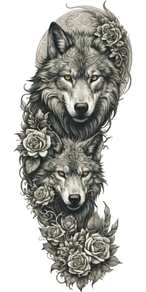 wolf dragon floral tattoo design idea