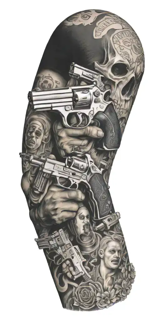 blink182 with guns money drugs tattoo design idea