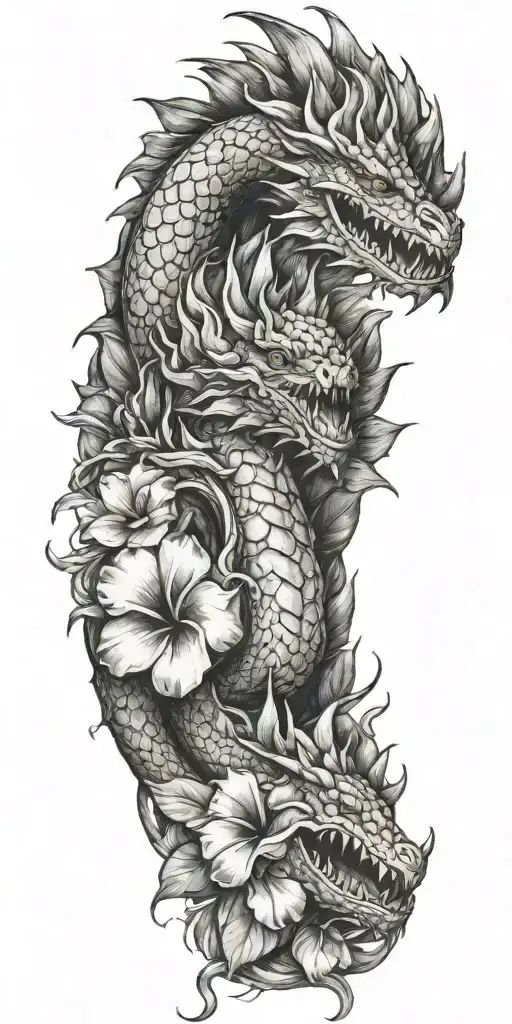 dragon head winding with dragonfruit and plumeria tattoo design idea