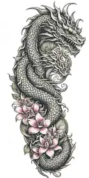 dragon winding with dragonfruit and plumeria tattoo design idea