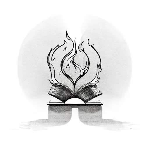 Minimal design of An open burning book with flames coming out of it tattoo design idea