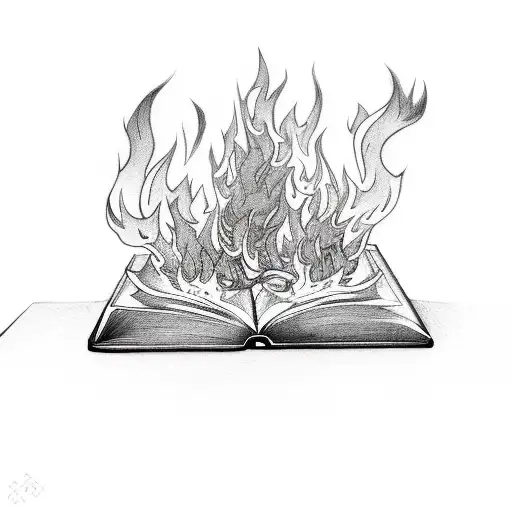 An open burning book with flames coming out of it tattoo design idea