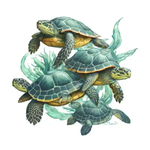 3 baby turtles swiming in the ocean tattoo design idea