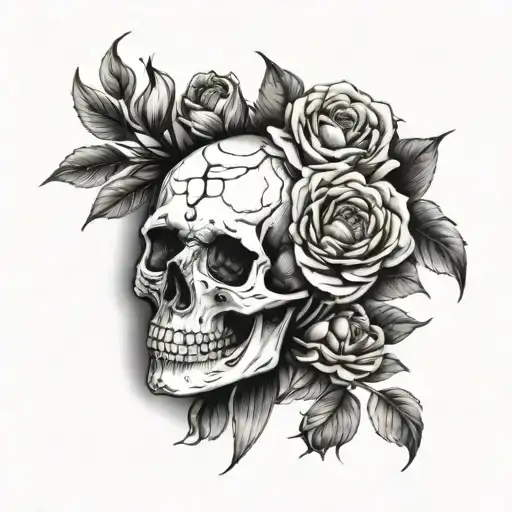 skull hand holding dead roses and peony flowers tattoo design idea