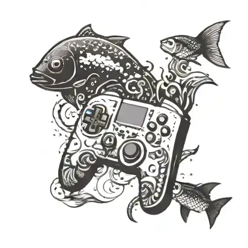 A pixelated video game controller surrounded by a school of intricate fish swimming around it tattoo design idea