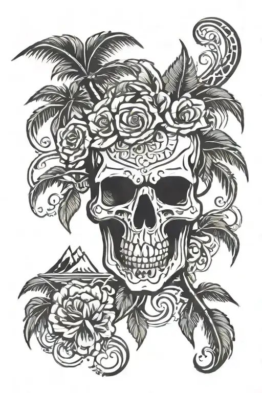 yggdrasil palm tree skull island rose tattoo design idea