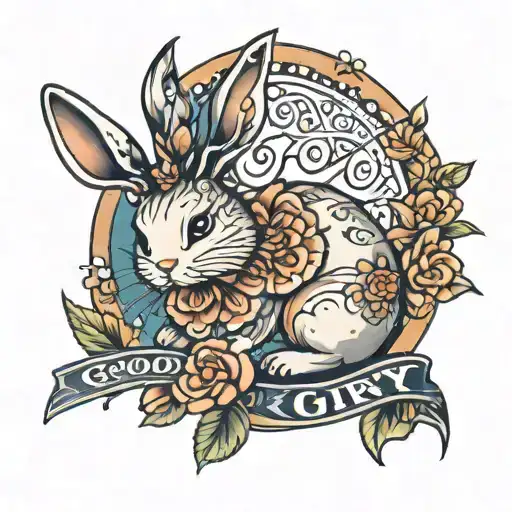 A bunny tattoo with the word good girl or good little bunny tattoo design idea