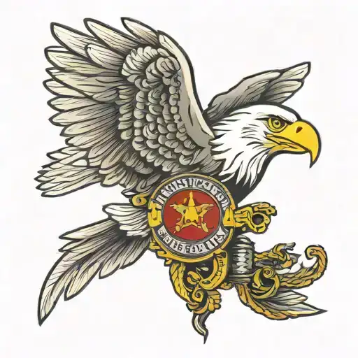 A patriotic bald eagle clutching a Marine Corps emblem on a muscle car hood tattoo design idea