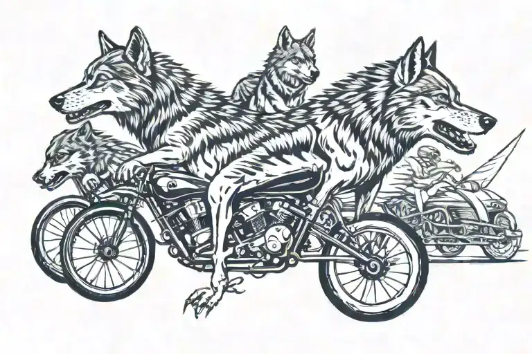 A pack of wolves racing alongside a line of muscle cars tattoo design idea