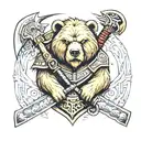 A neotraditional design of a bear adorned with Viking armor and weapons, representing courage and protection tattoo design idea