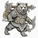 A neotraditional design of a bear adorned with Viking armor and weapons, representing courage and protection tattoo design idea