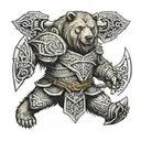 A neotraditional design of a bear adorned with Viking armor and weapons, representing courage and protection tattoo design idea