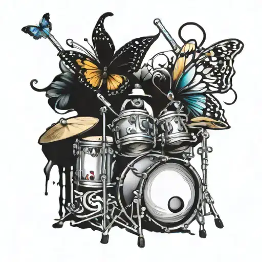 baseball, butterflies, drum set tattoo design idea