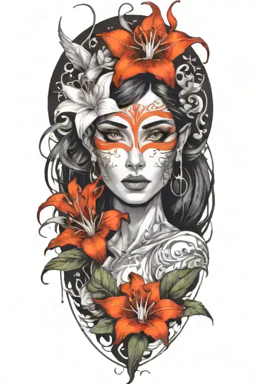 beautiful elf woman with dark hair interwinig with dragon and white lily flowers tattoo design idea
