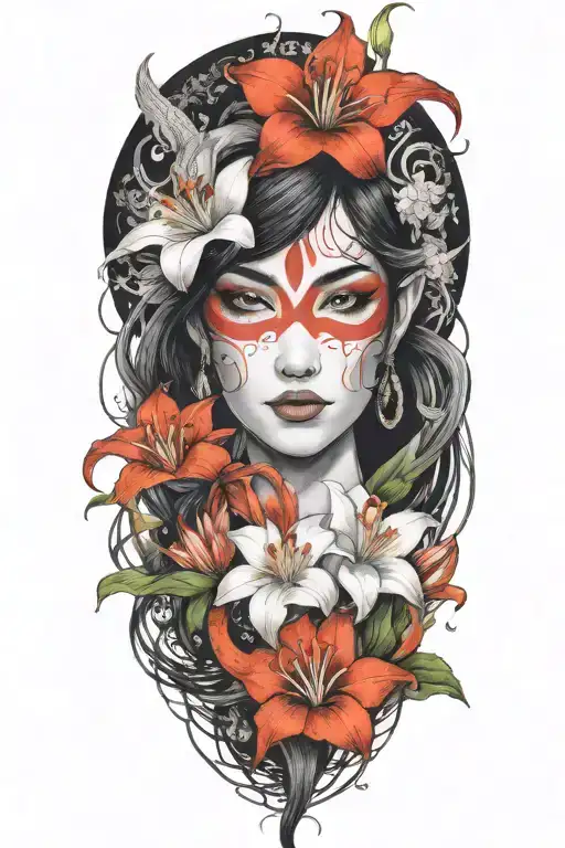 beautiful elf woman with dark hair interwinig with dragon and white lily flowers, love tattoo design idea