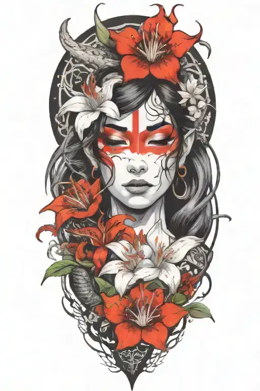 beautiful elf woman with dark hair interwinig with dragon and white lily flowers tattoo design idea