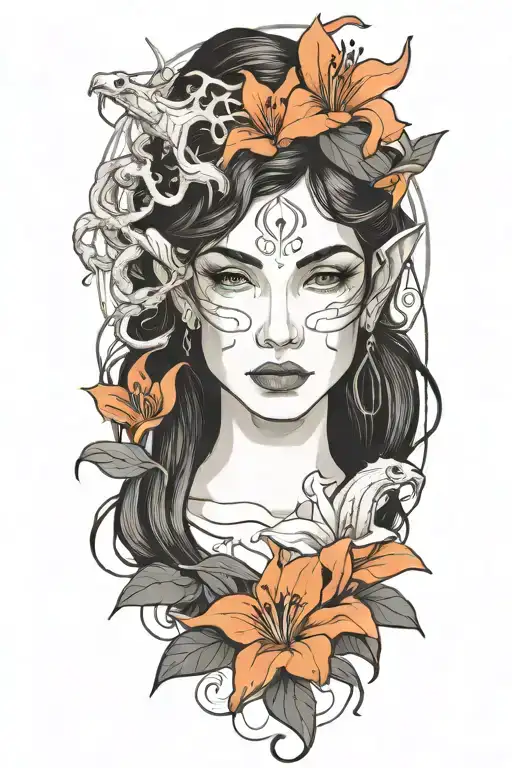 beautiful elf woman with dark hair interwinig with dragon and white lily flowers tattoo design idea