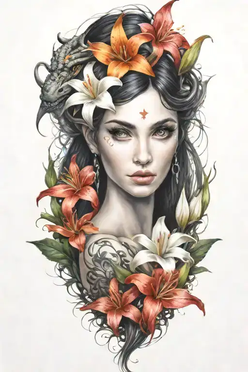 beautiful elf woman with dark hair interwinig with dragon and white lily flowers tattoo design idea