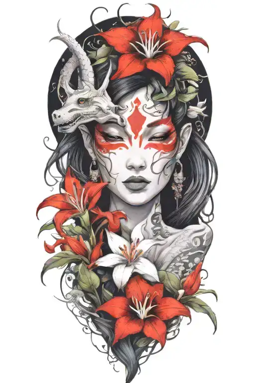 beautiful elf woman with dark hair interwinig with dragon and white lily flowers tattoo design idea