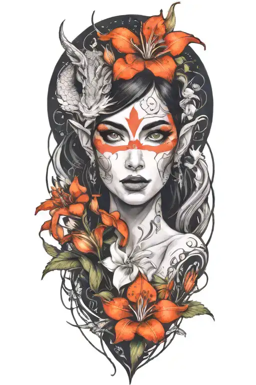 beautiful elf woman with dark hair interwinig with dragon and white lily flowers tattoo design idea
