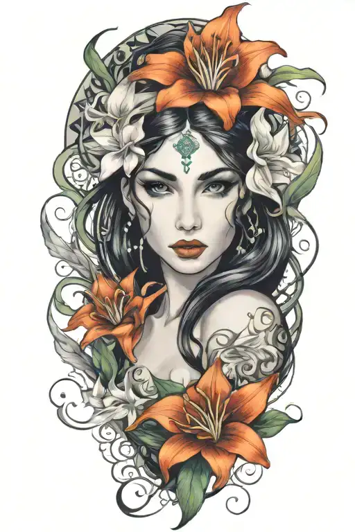 beautiful elf woman with dark hair interwinig with dragon and white lily flowers tattoo design idea