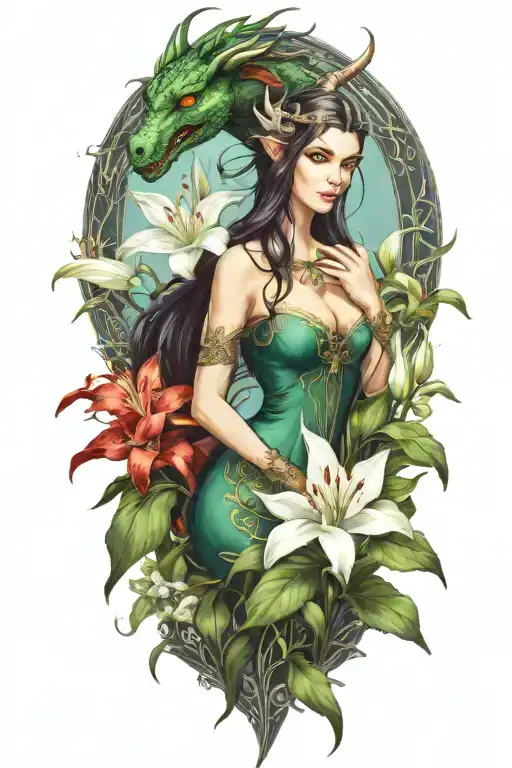 beautiful elf woman with dark hair interwinig with dragon and white lily flowers tattoo design idea