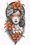 beautiful elf woman with dark hair interwinig with dragon and white lily flowers, love tattoo design idea