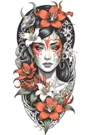 beautiful elf woman with dark hair interwinig with dragon and white lily flowers, love tattoo design idea