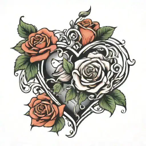heart and 9 roses intertwined tattoo design idea