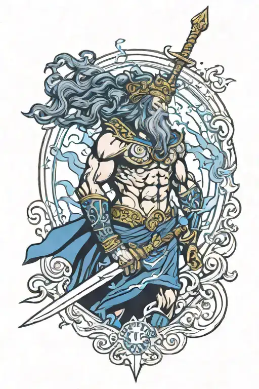 greek mythology with zodiac signs with a sword and blue lightning with the head of zeus tattoo design idea