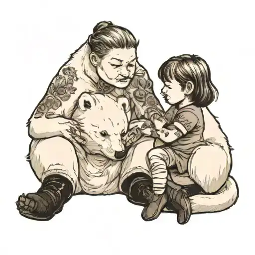 Little girl sitting with polar bear cub tattoo design idea