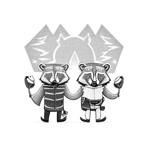 two cartoon raccoons sitting on a golf cart wearing cowboy hats holding a natural light tattoo design idea