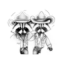 two cartoon raccoons sitting on a golf cart wearing cowboy hats holding a natural light tattoo design idea