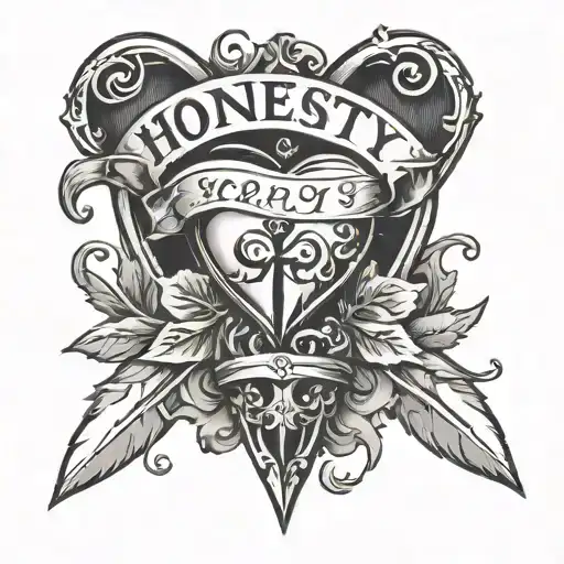 A dagger piercing through a heart with the word 'honesty' written in Russian tattoo design idea