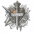 A dagger piercing through a heart with the word 'honesty' written in Russian tattoo design idea