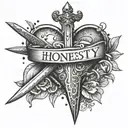 A dagger piercing through a heart with the word 'honesty' written in Russian tattoo design idea