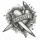 A dagger piercing through a heart with the word 'honesty' written in Russian tattoo design idea