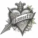 A dagger piercing through a heart with the word 'honesty' written in Russian tattoo design idea
