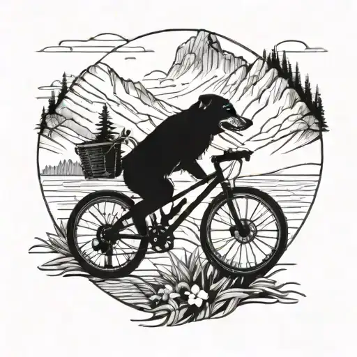 A mountain biking scene with a dog riding along in a bike basket tattoo design idea