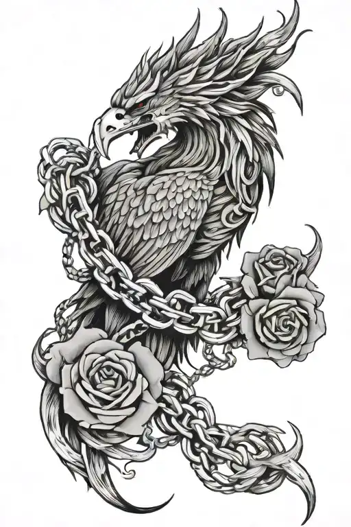 Kirin Broken Chains: Around the phoenix's talons, include broken chains or shackles thorn rose broken heart bad women  tattoo design idea