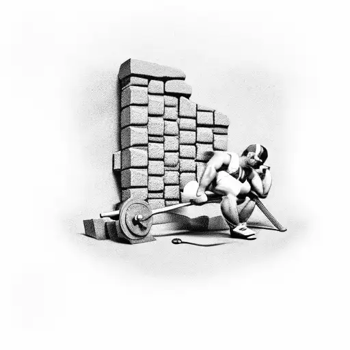 weightlifter breaking through a brick wall tattoo design idea