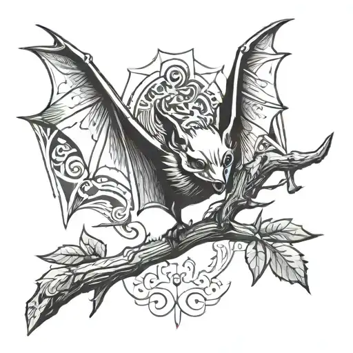 A bat hanging upside down on a branch with folded wings is depicted with a long blade behind its back - a white drawing  tattoo design idea