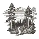 A dotwork tattoo of a hiking trail winding through a forest with subtle Atlanta sports team logos hidden in the trees, blending your passions seamlessly tattoo design idea